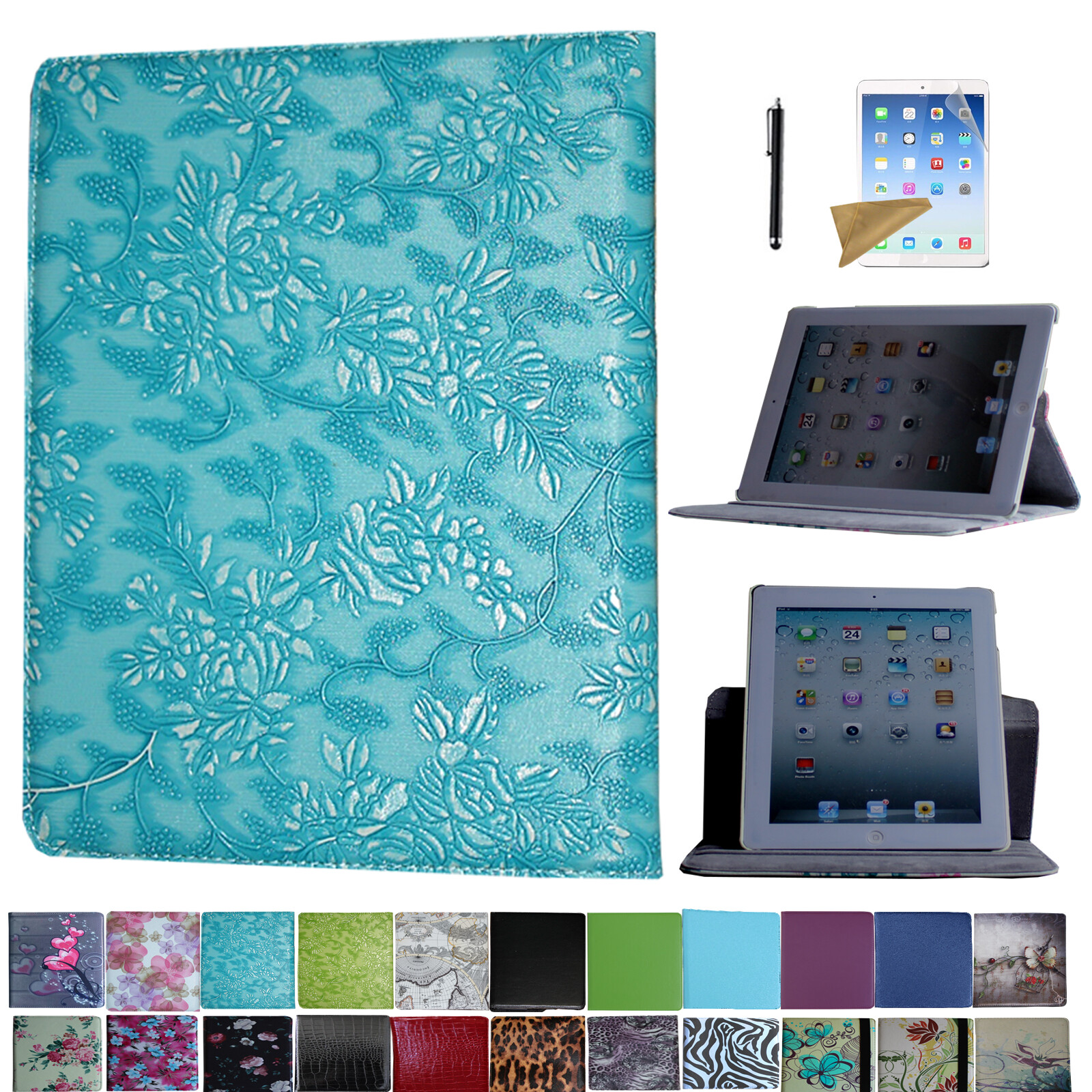 For iPad 3 2012 A1403 A1416 A1430 Rotating Case Cover With Screen Protector/ Pen