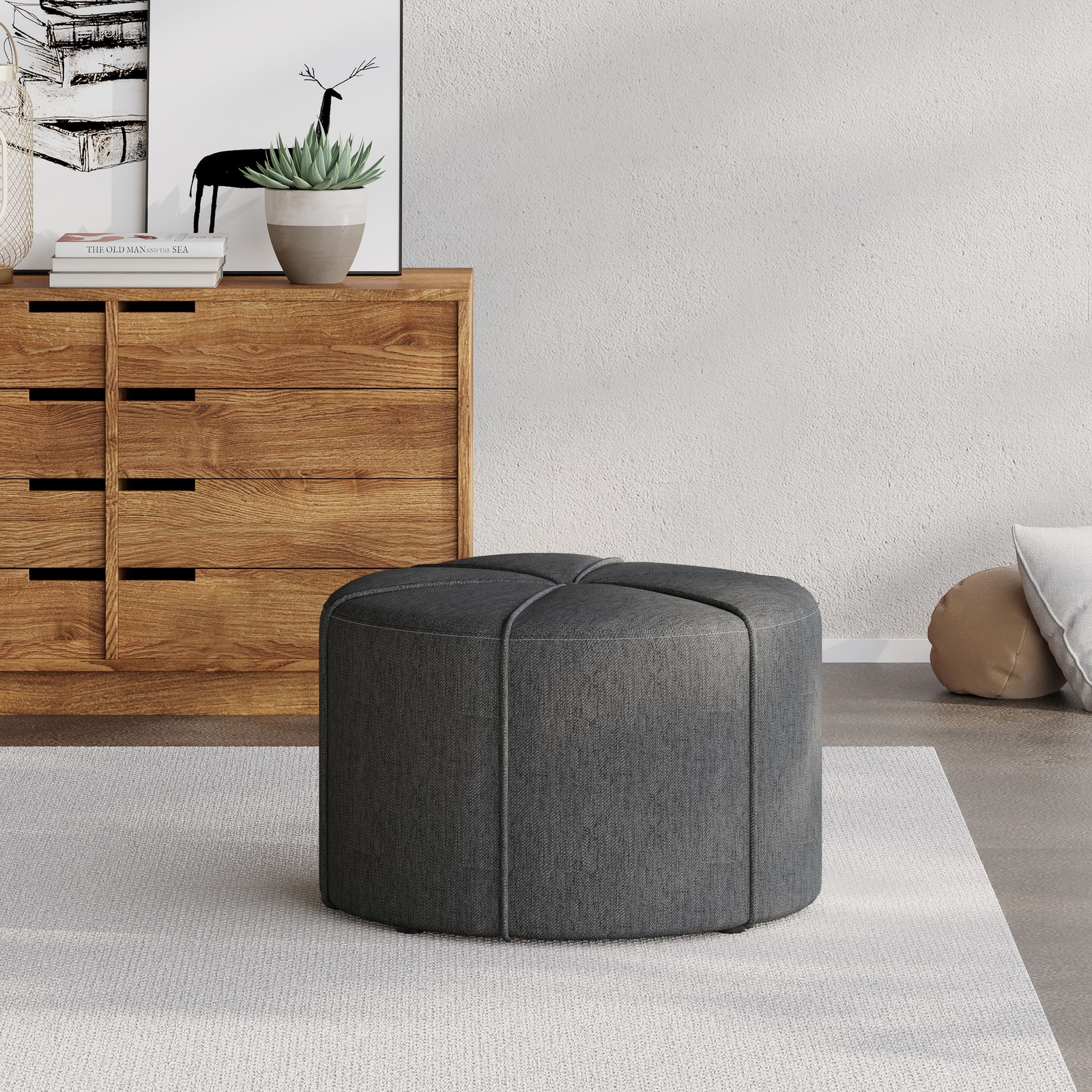 Modern Drum Ottoman with Tufted Top - Neutral Upholstery, Pinwheel Piping