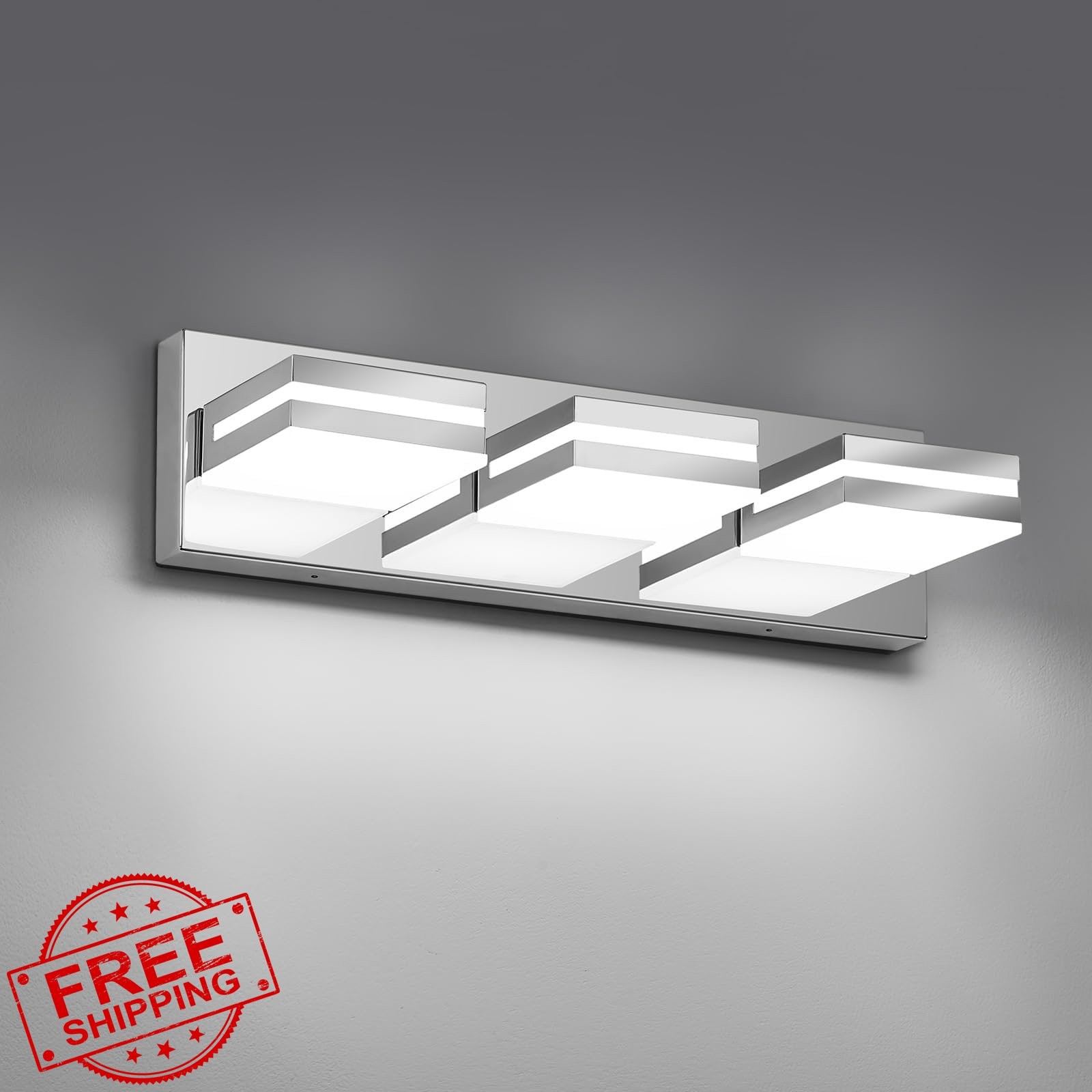 JZEKVN LED Bathroom Vanity Lights, 3-Light Chrome Steel Fixture, 16in, 6000K ...
