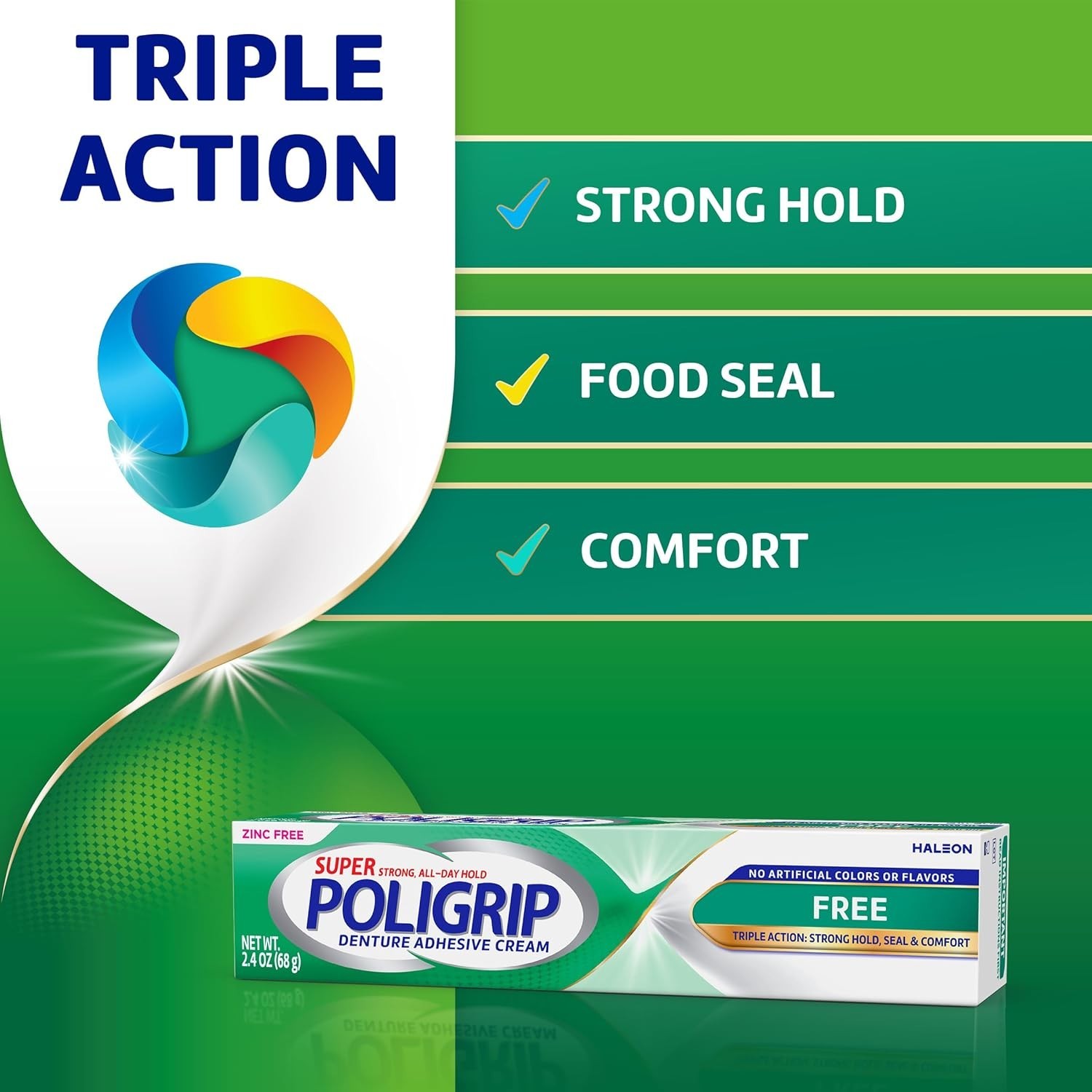 Super Poligrip Zinc Free Denture & Partials Adhesive Cream, 2.4 ounce Pack of 4