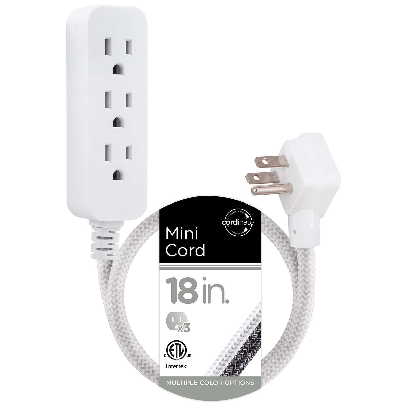 Cordinate Designer Mini 3-Outlet Power Strip, 18 in Braided 18 In, White