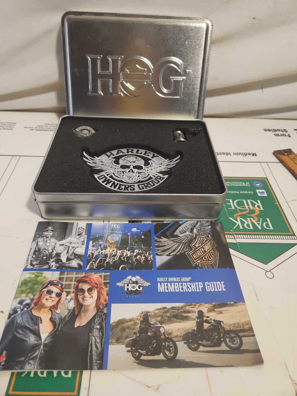 Harley-Davidson HOG Tin (Harley Owners Group) Includes Patch • Pin • Bell