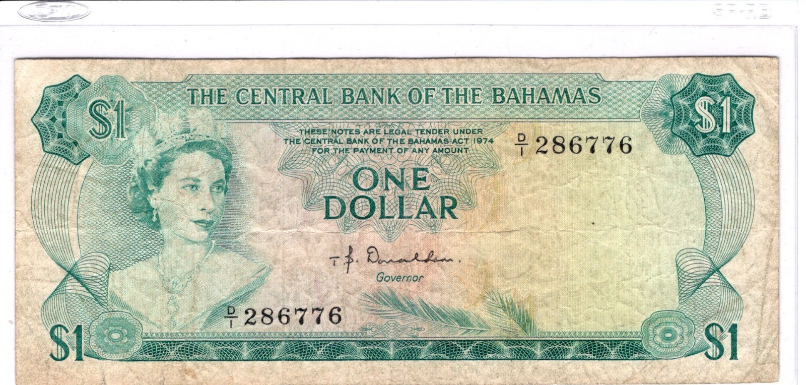 1974 Bahamas 1 Dollar Banknote Queen Elizabeth II as pictured D/I 286776