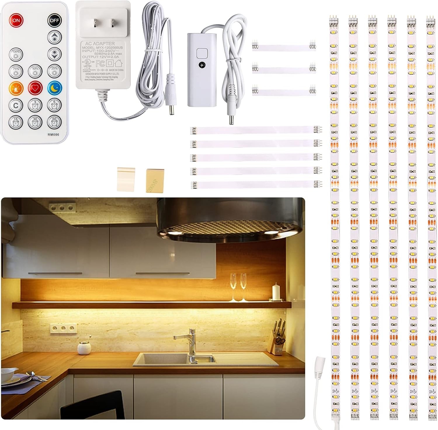 Under Cabinet LED Lighting Kit 6 PCS Dimmable Warm White Remote Control 24W