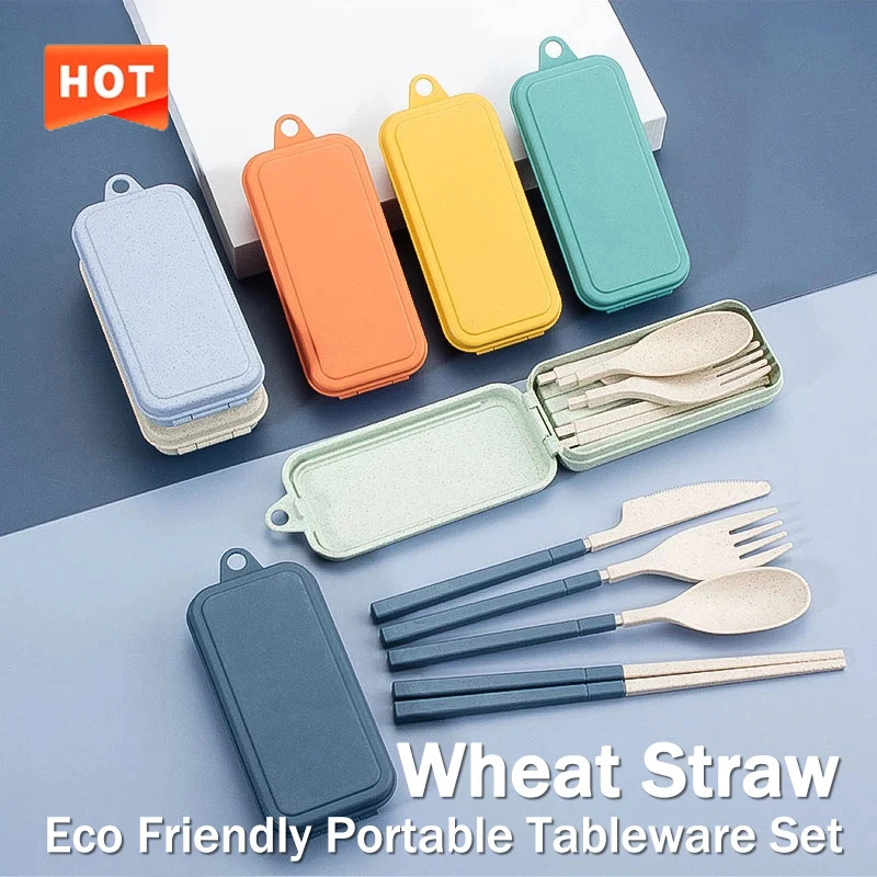 4Pcs Portable Wheat Straw Dinnerware Set PP Cutlery Travel Camping Picnic
