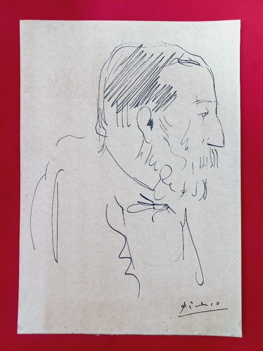Pablo Picasso (handmade) Drawing on antique paper signed and sealed.