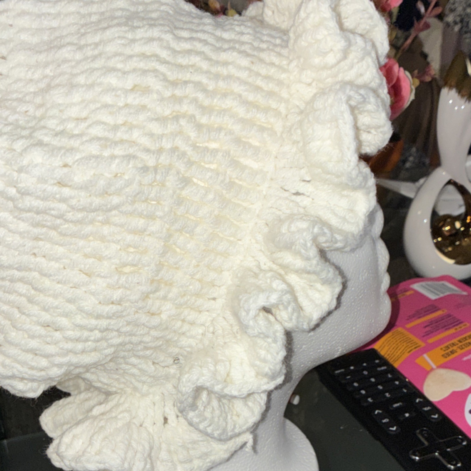 Handmade White Crocheted Ruffled Hat with Decorative Brim Unique Style Design