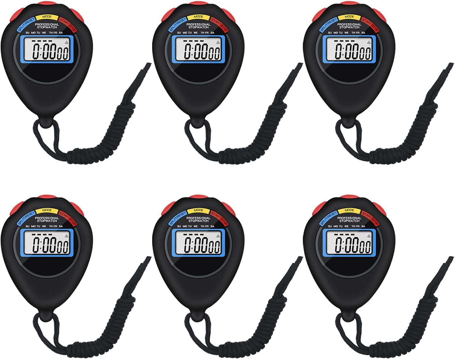 6 Pack Multi-Function Electronic Digital Sport Stopwatch Timer, Large Display wi