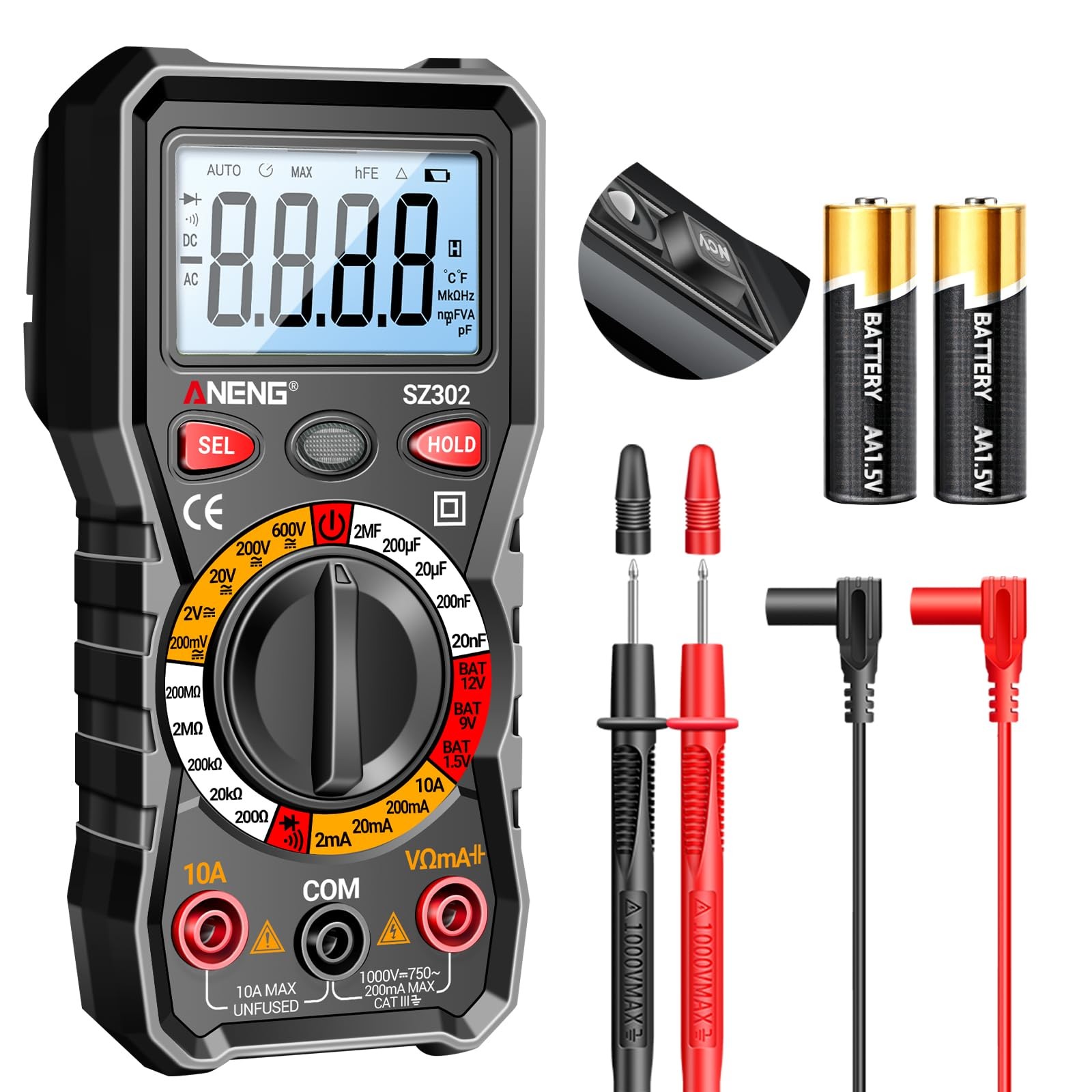 ANENG Multimeter with Backlit LCD,Ohm SZ302 Black(Backlit Screen NCV)