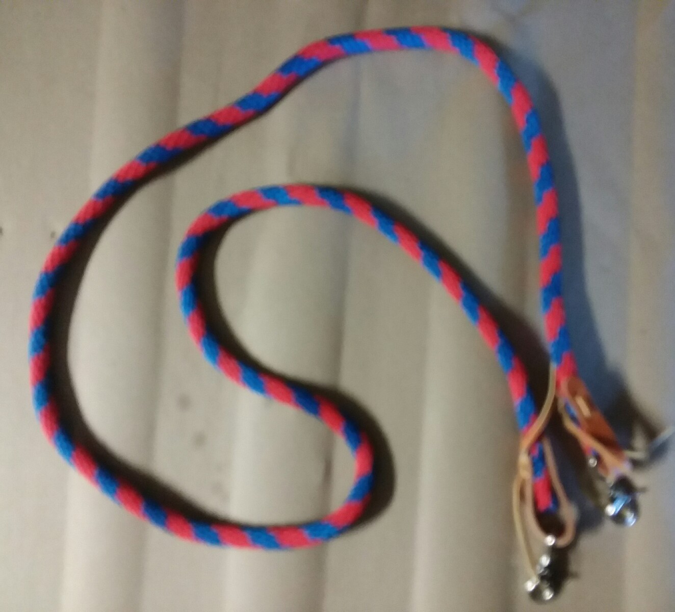 RED & blue Amish made HORSE POLY ROPING REINS W/ LEATHER LACES LOOP ENDS