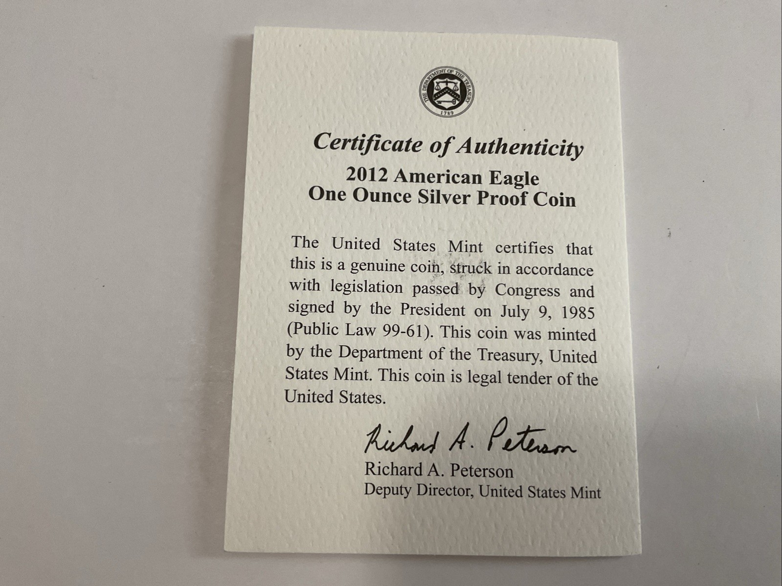 2012-W Proof American Silver Eagle Box, OGP & COA