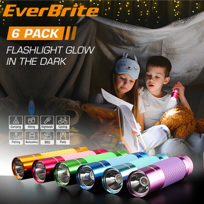 EverBrite 6Pack Mini LED Flashlight Glow Dark Aluminum Flashlight 8AAA Batteries