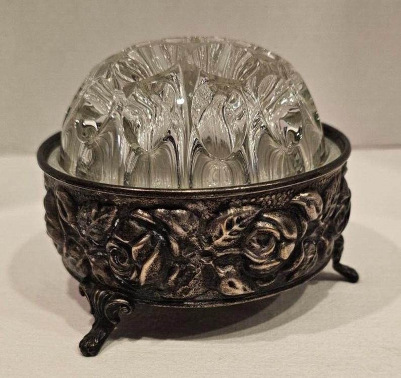 VTG De Uberti Base Roses Silverplate Italy Glass Flower Frog VMC Reims France