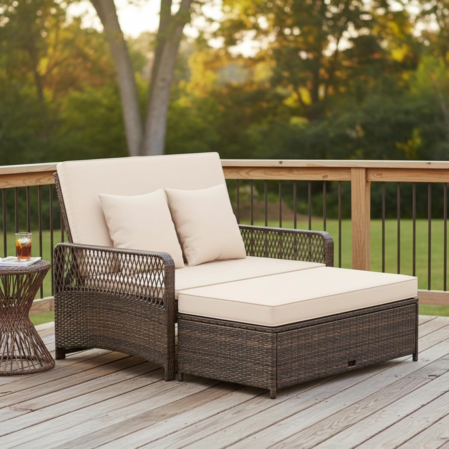 Patio Rattan Daybed with 4-Level Adjustable Backrest, 2-Person Outdoor Wicker Lo