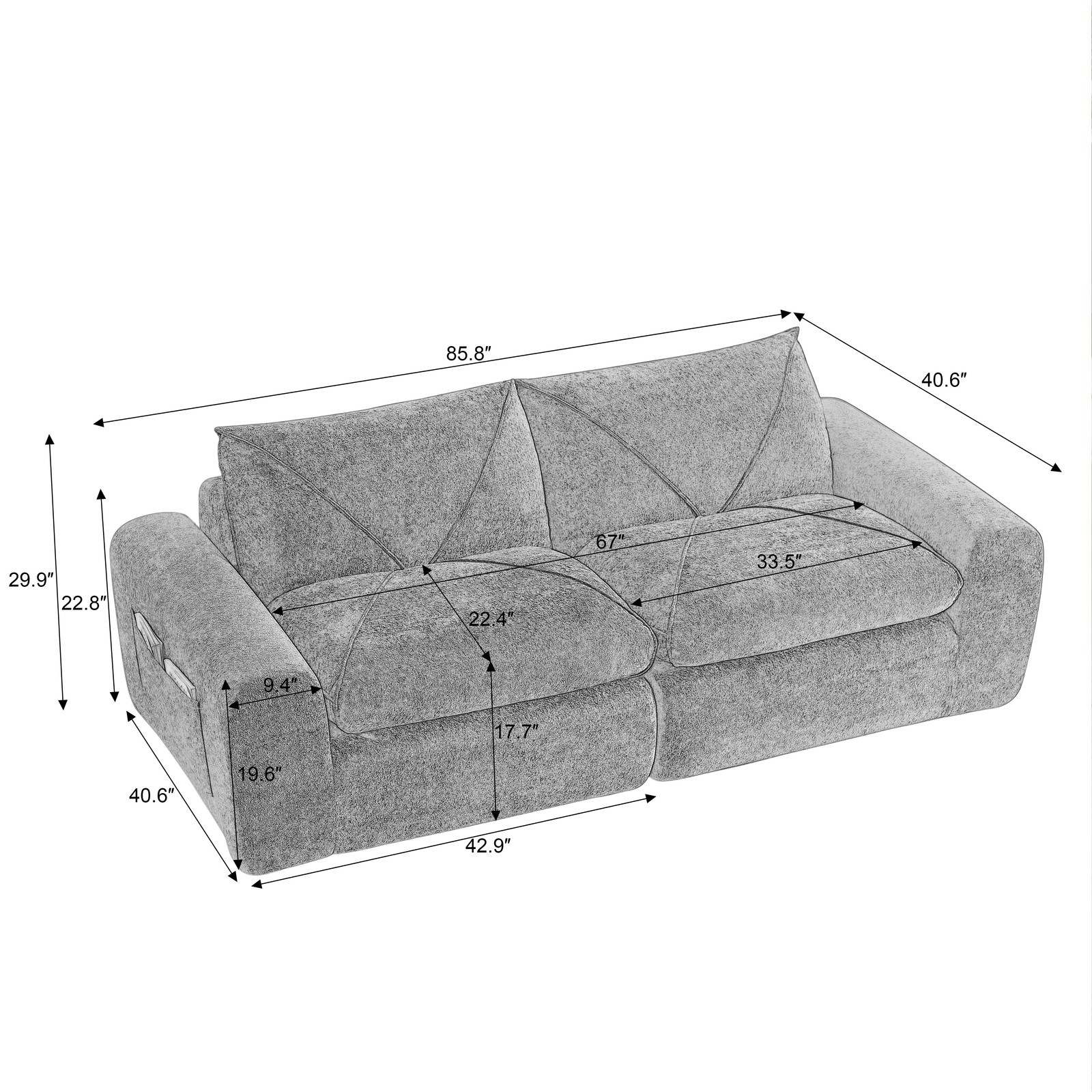 Chenille Combination Sofa with Foot Pedals, Beige, 2-Seat, Modern