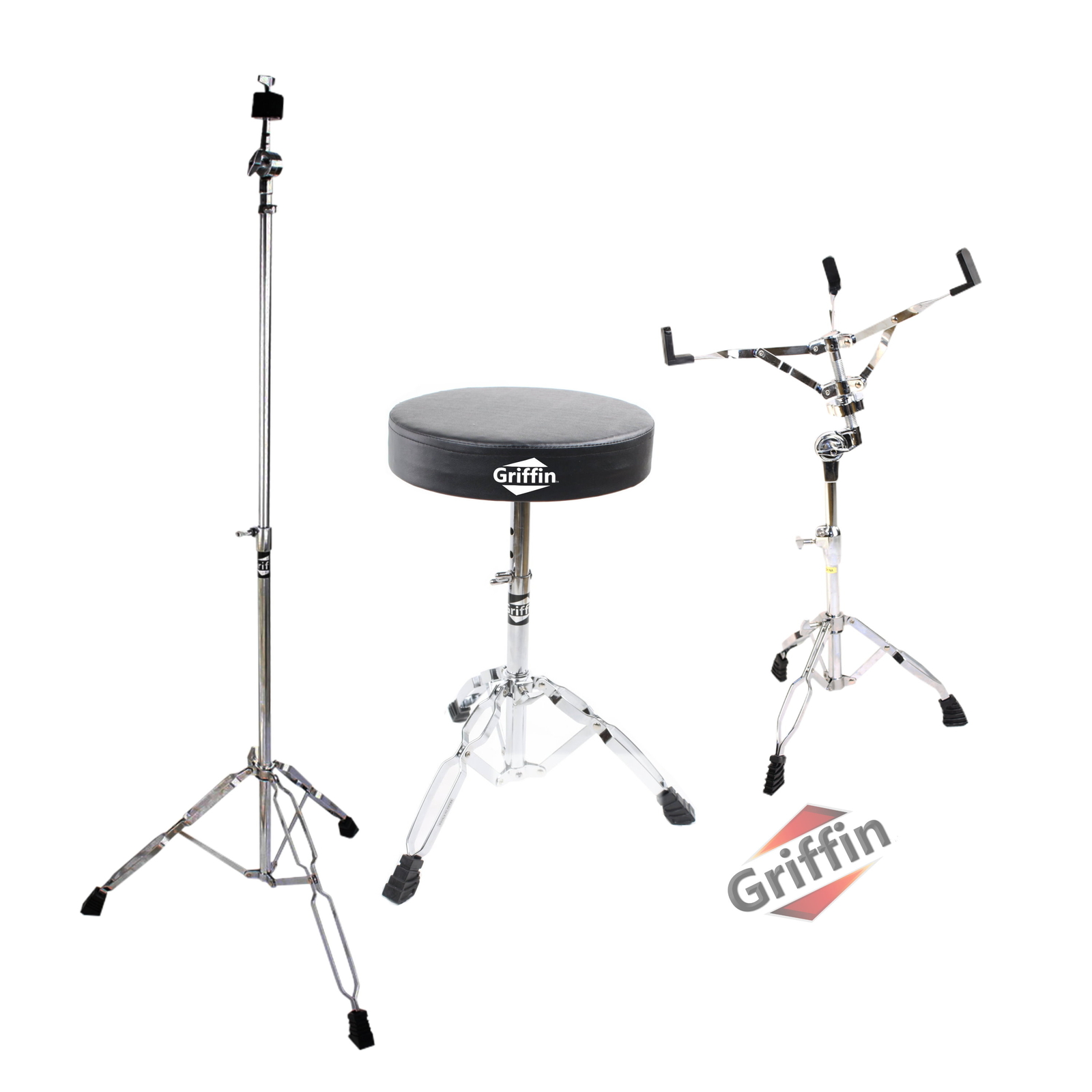 GRIFFIN 3-PACK Drum Throne, Snare Stand & Cymbal Stand Percussion BUNDLE Mount