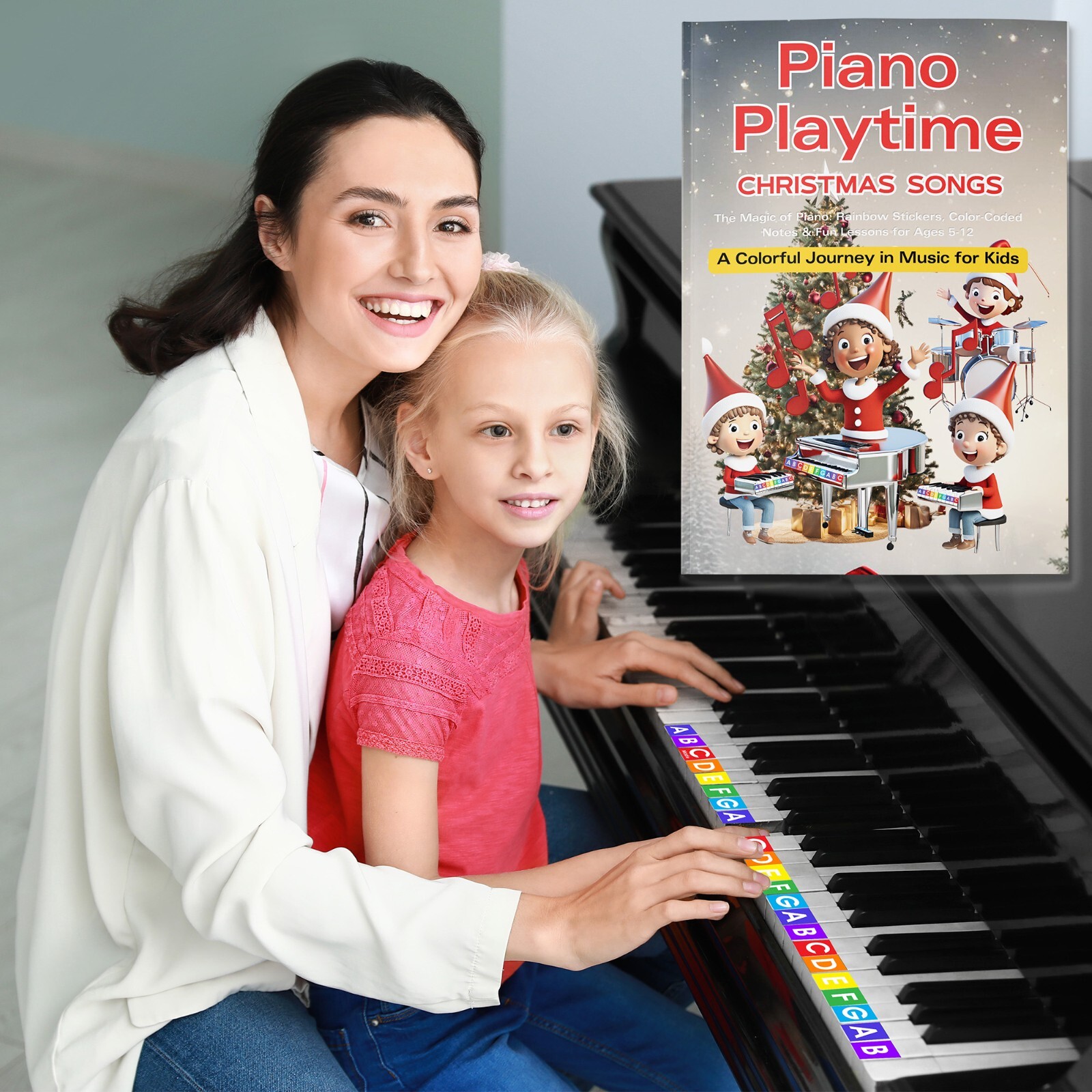 QMG Piano Playtime Christmas Beginner Piano Book and Rainbow Color stickers