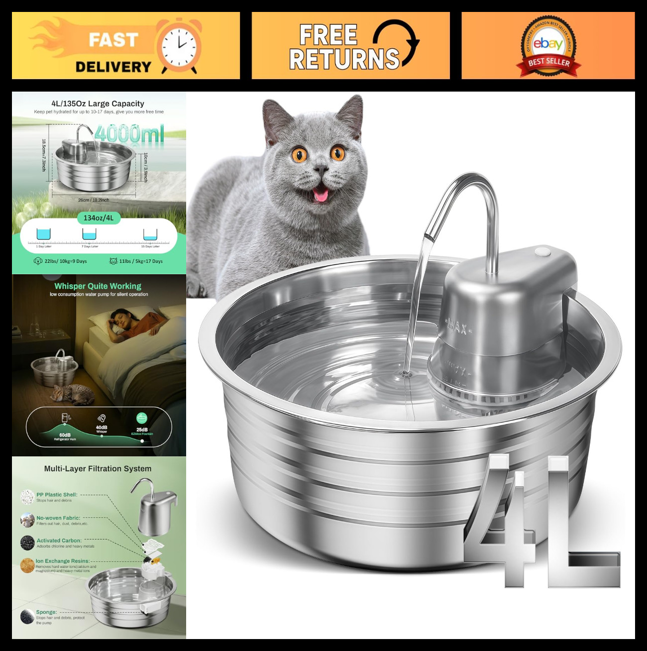 Stainless Steel Cat Water Fountain 4L, Ultra-Quiet Pet Dispenser for Dogs & Cats
