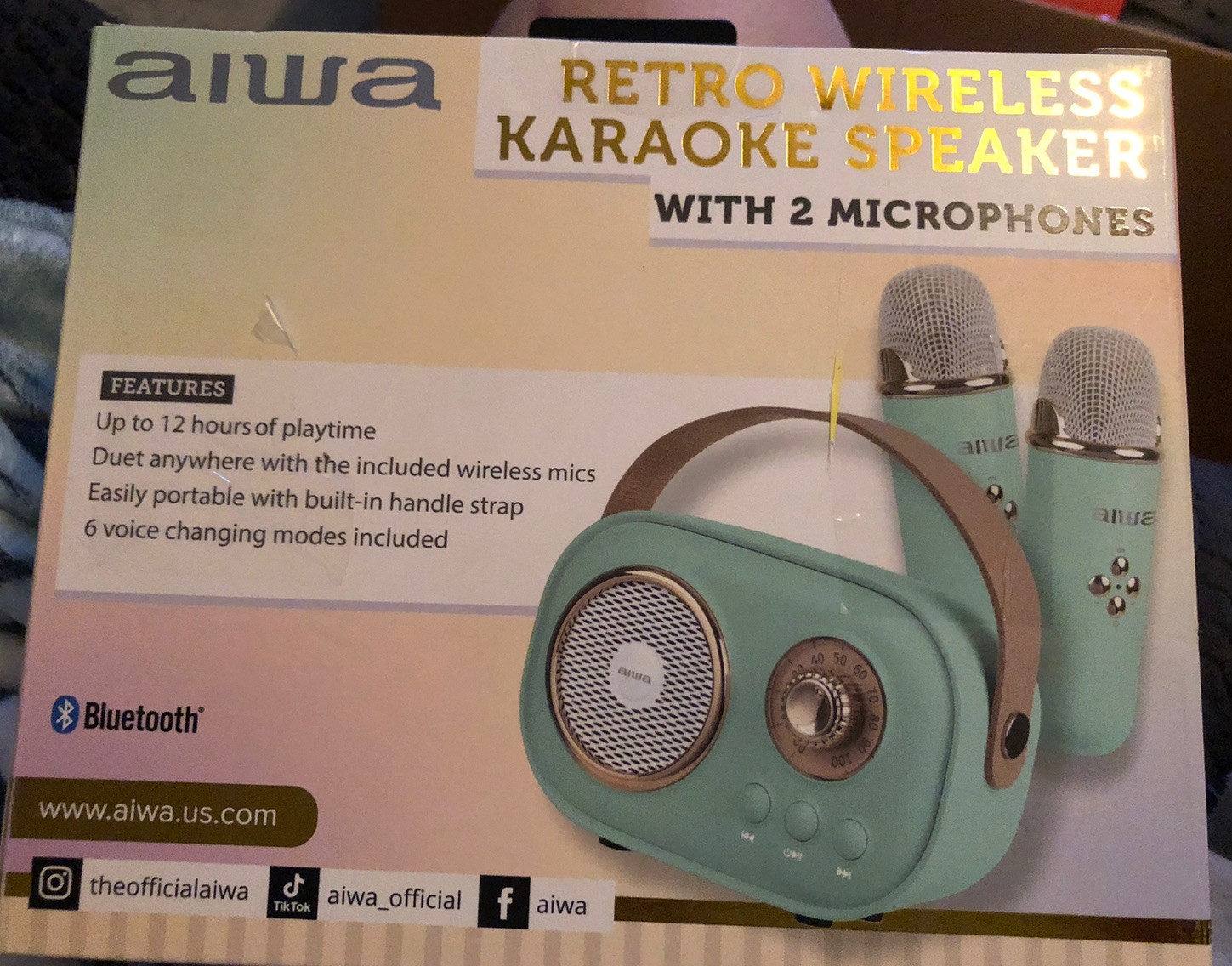 Aiwa Retro Wireless Bluetooth Karaoke Speaker Includes Two Microphones Aqua