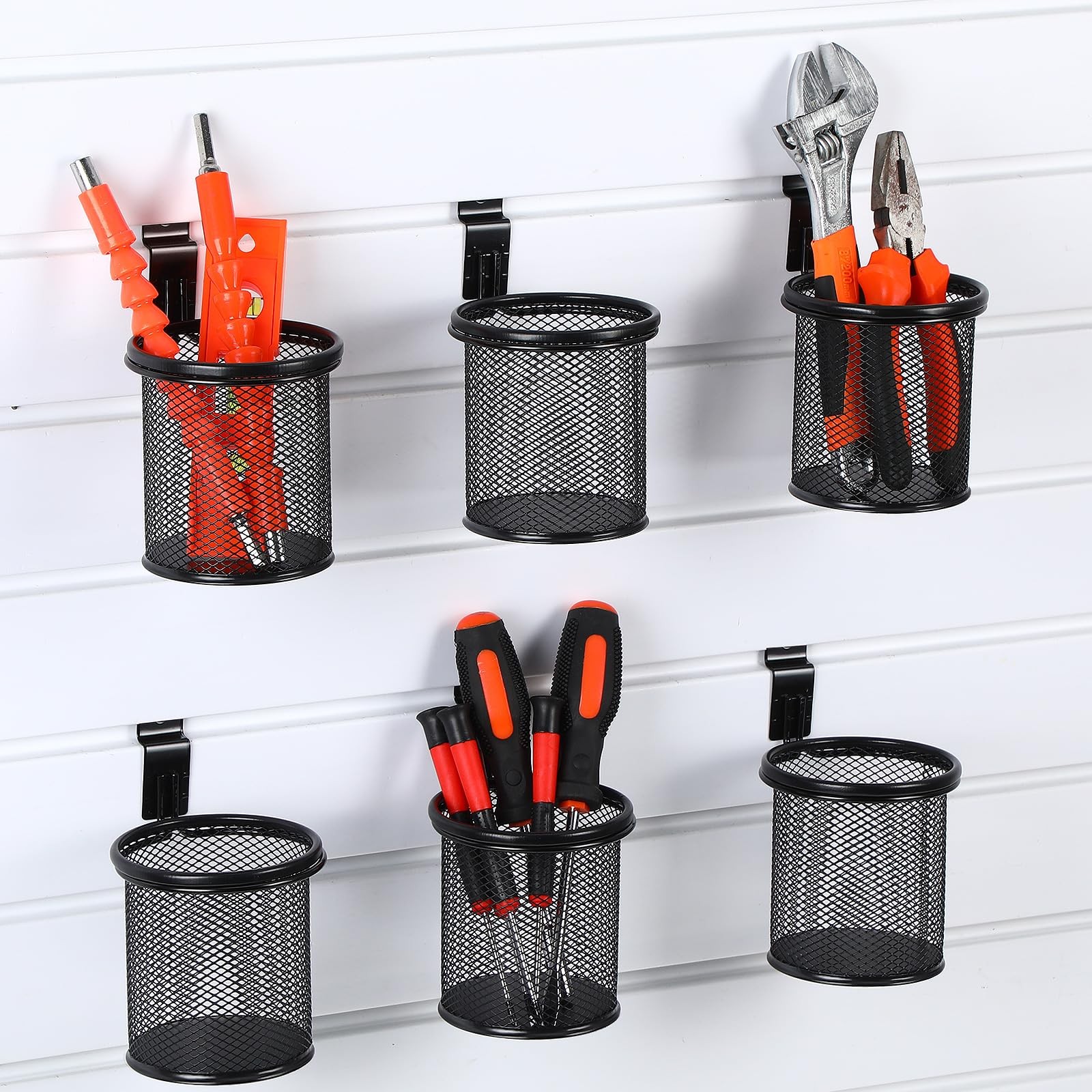 6 Set Slatwall Cups Hook Black Metal Organizer Basket Bin Pencil Mesh Holder