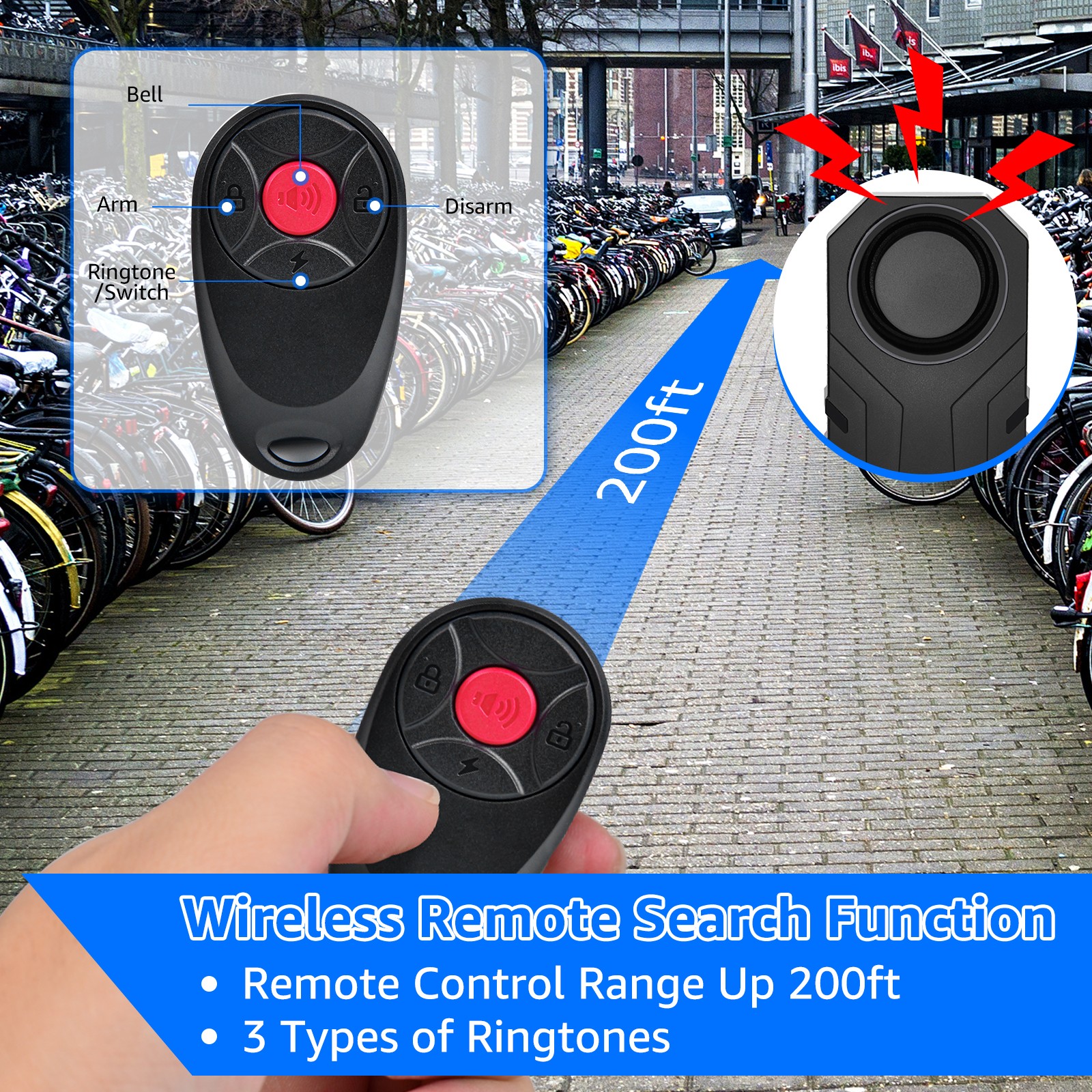 1× Security Alarm for Bikes/Ebikes 7-Level Sensitivity Waterproof Easy Install