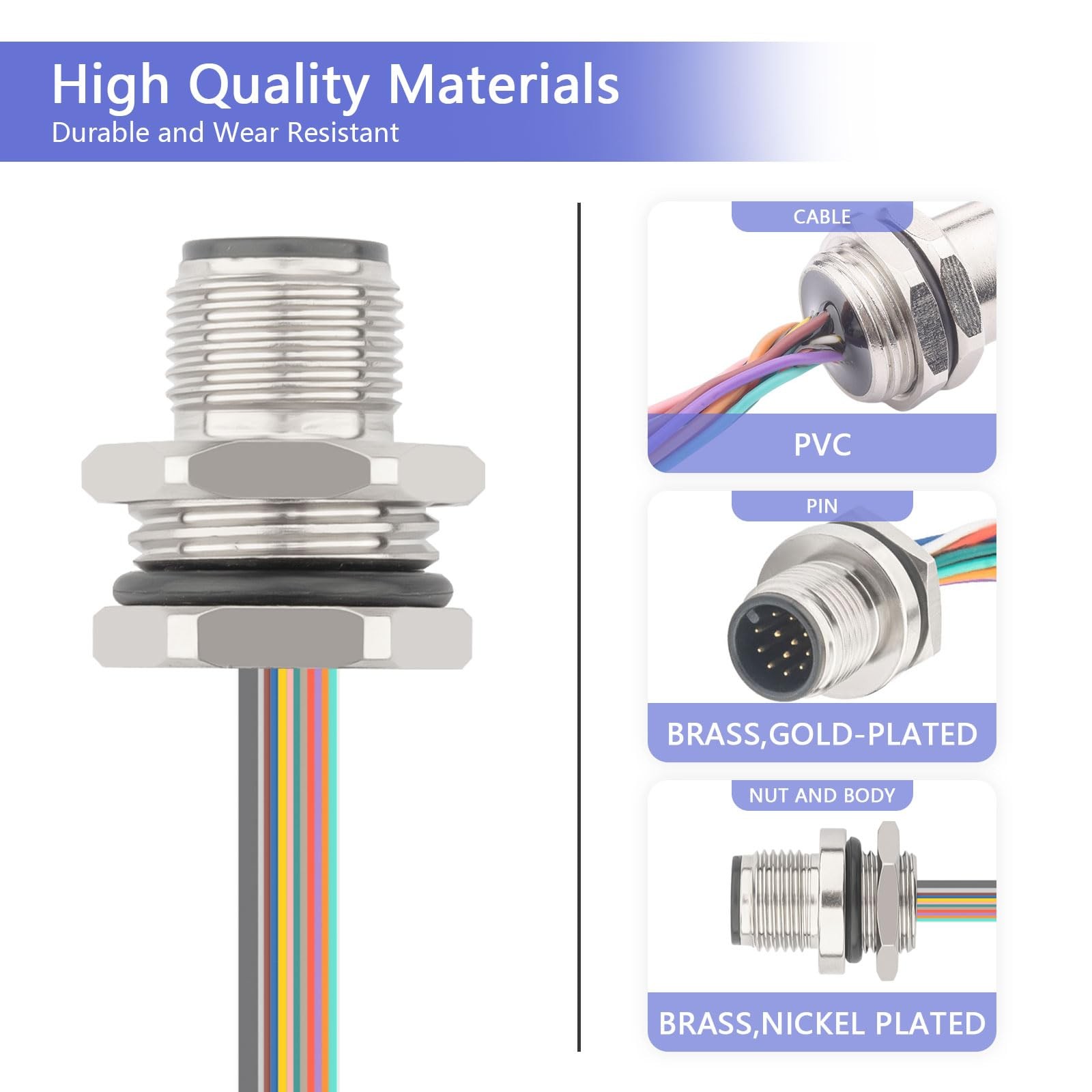 2-Pack M12 12 Pin A Coded Male Aviation Connector Cable 0.7ft