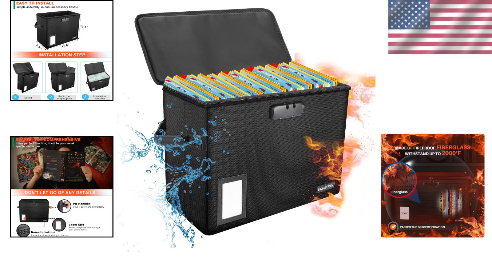Heavy-Duty Fireproof Comic Book Storage Bin with Lock, Moisture-Proof Protection