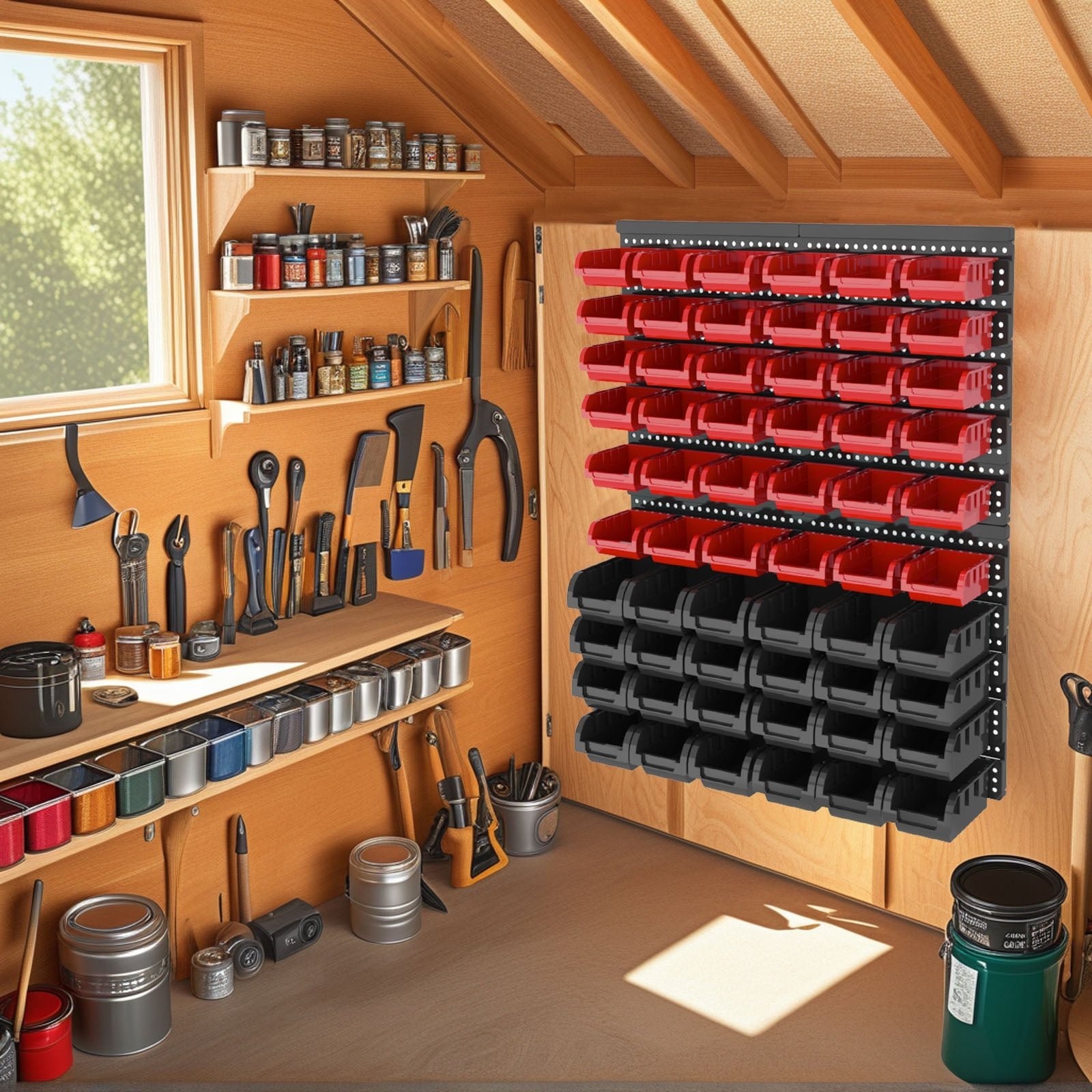 Wall-Mounted Storage Rack System with Bins and Brackets - 60 Pcs Heavy Duty Gara