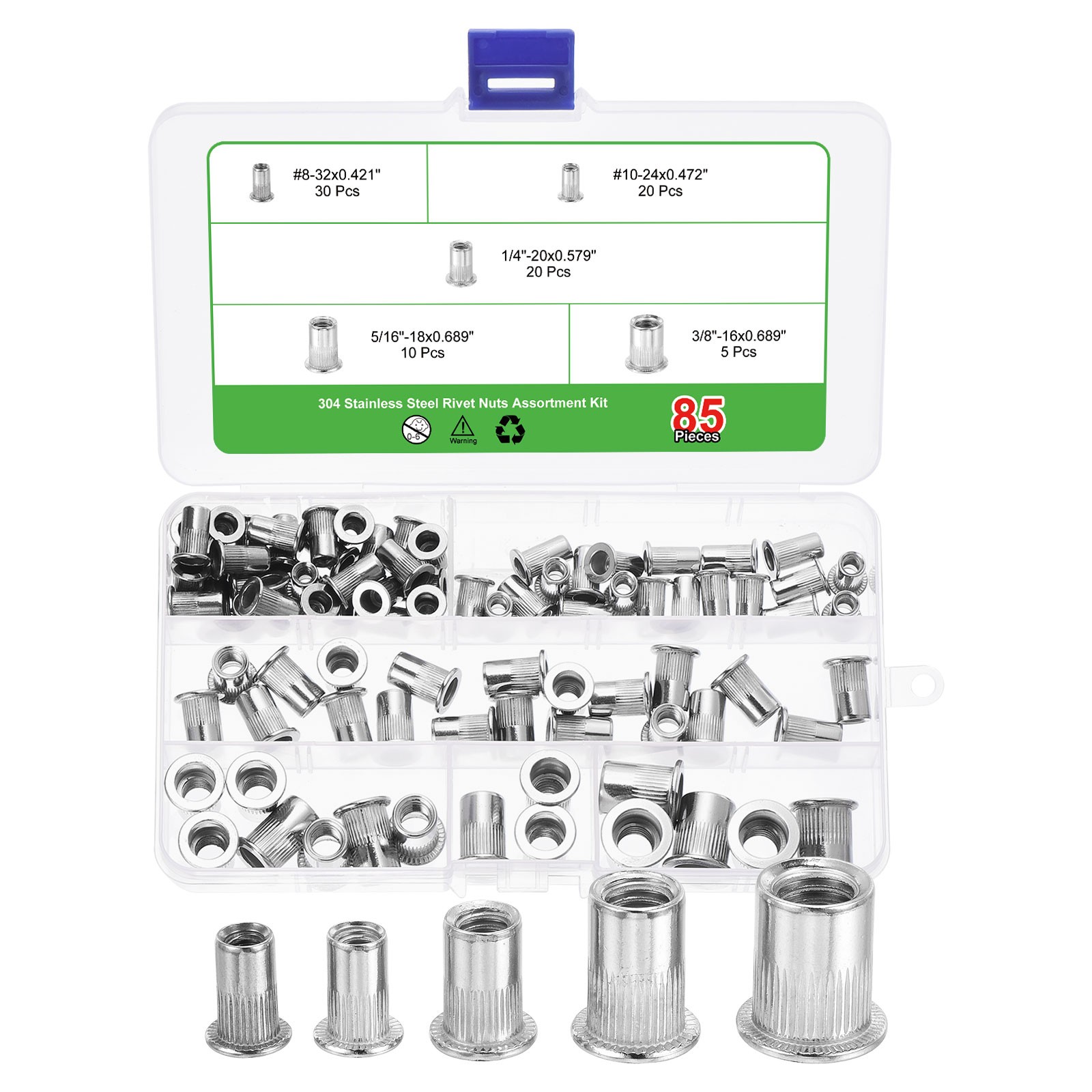85Pcs Rivet Nut Flat Head, #8, #10, 1/4", 5/16", 3/8"