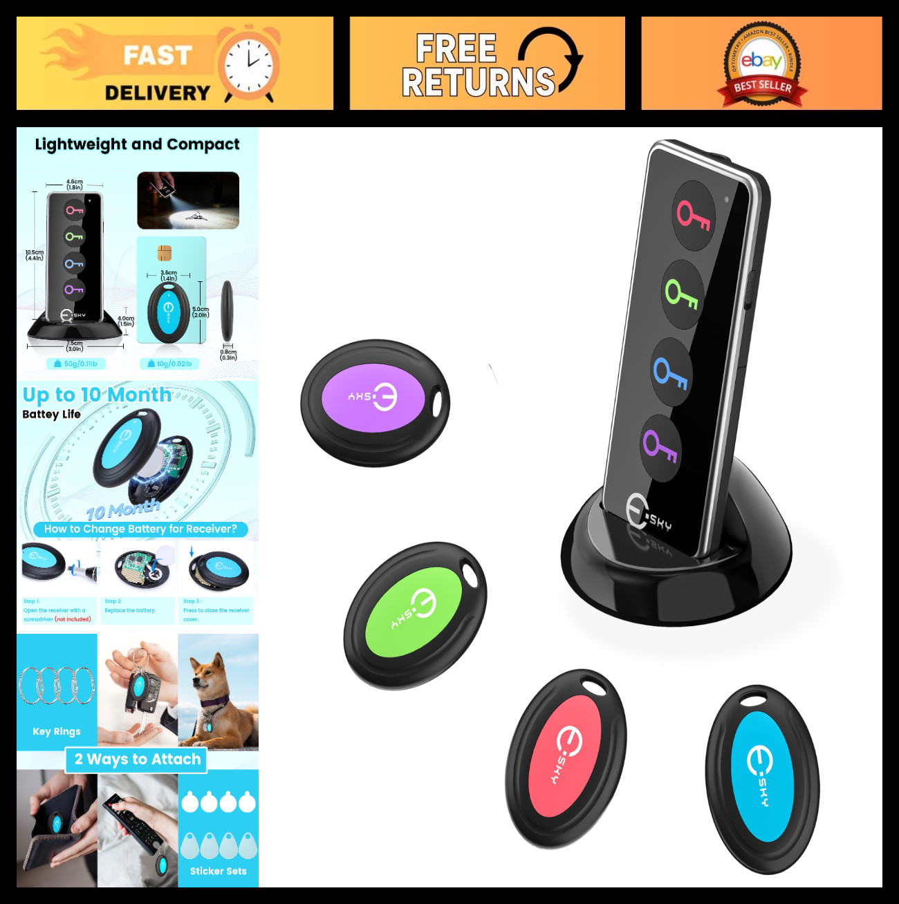 Key Finder Locator 80dB Sound Trackers 4 Receivers Wireless Beeper Tags 131ft Ra
