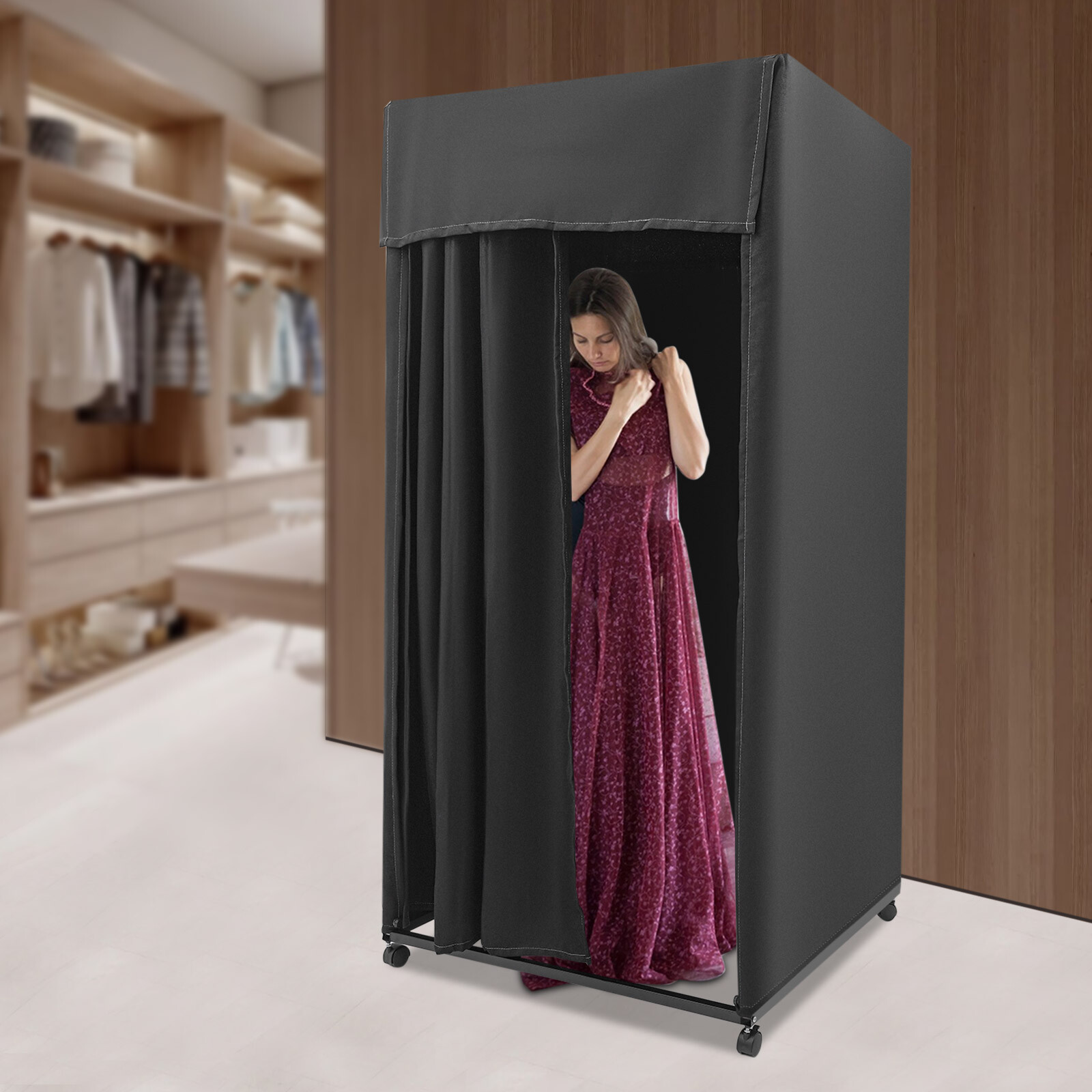 Modern Black Portable Dressing And Movable Fitting Room With 4 Universal Wheels