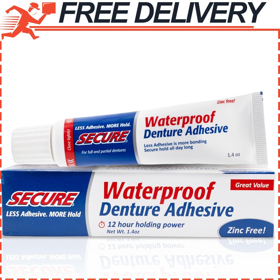 Secure Denture Adhesive Cream for Uppers, Lowers & Partials Waterproof 1.4 oz