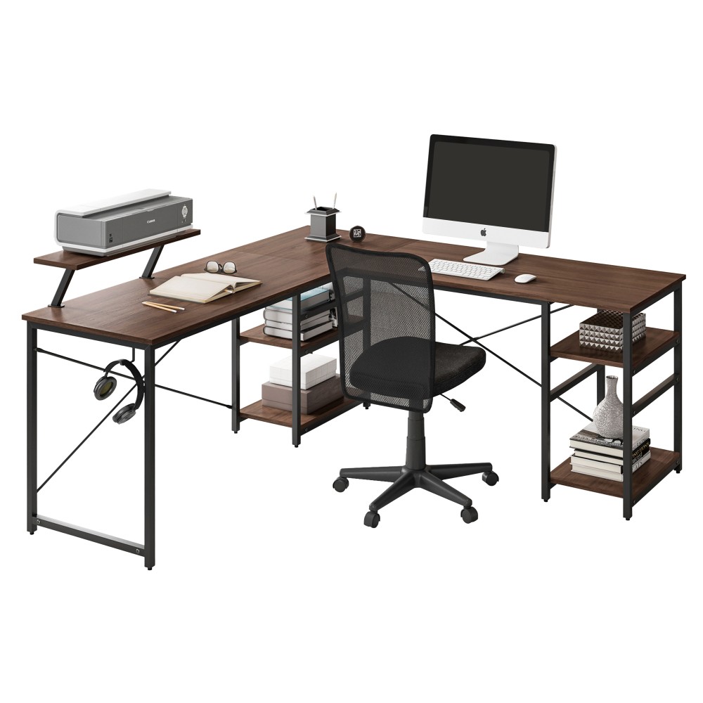 Adjustable Computer Desk-Reversible L/Straight w/ Eye-Level Monitor Shelf