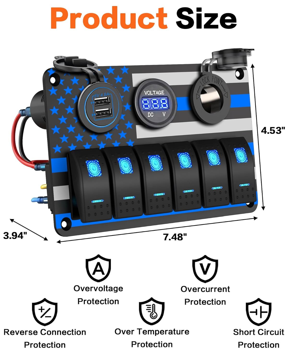 6 Gang Switch Panel Waterproof Rocker Switch Panel Aluminum American Flag Design