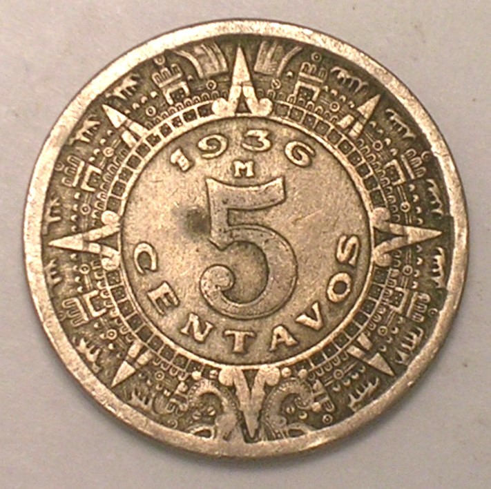 1936 Mexico Mexican 5 Centavos Eagle Snake Coin VF