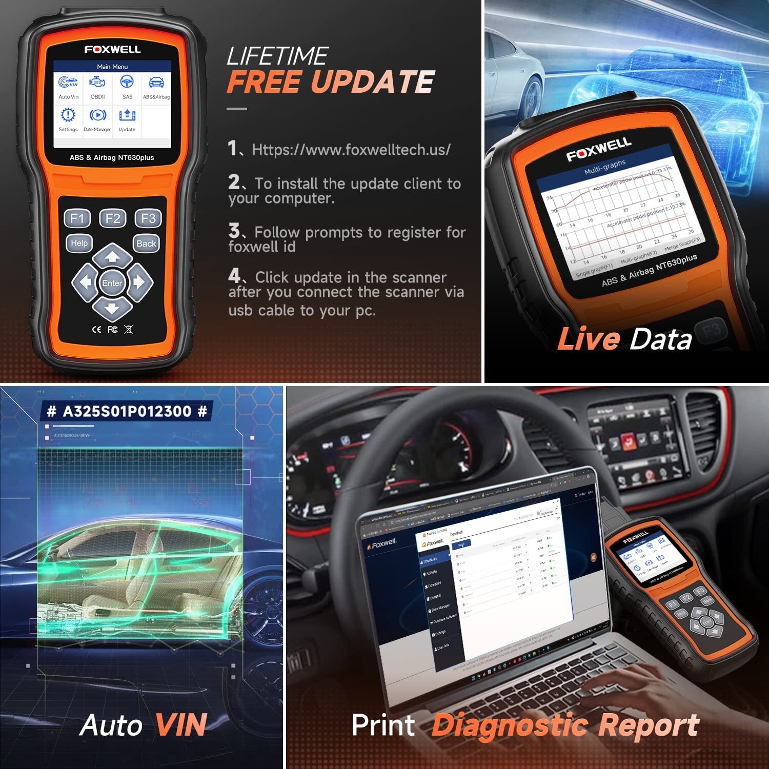 Foxwell NT630 Plus SAS SRS ABS Bleeding Code Reader OBD2 Scanner Car Diagnostic