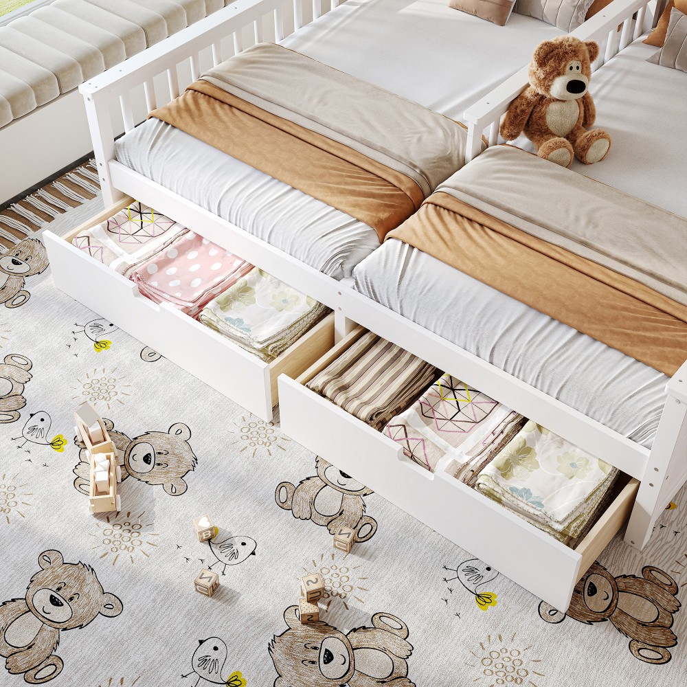 White Double Twin Platform Bed w/ Storage Shelves & Drawers