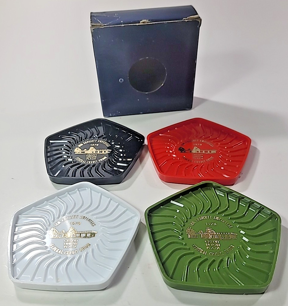 IBM Endicott NY Vintage Employee 4 Coaster Set 1978 Federal Credit Union Plaza