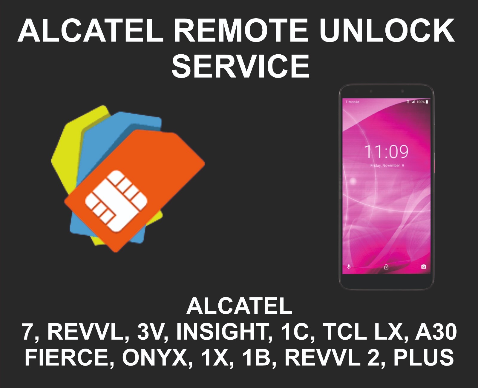 Alcatel Network Unlock, Alcatel 7, Insight, Onyx, Revvl 2 Plus, Ideal Xtra, A30,