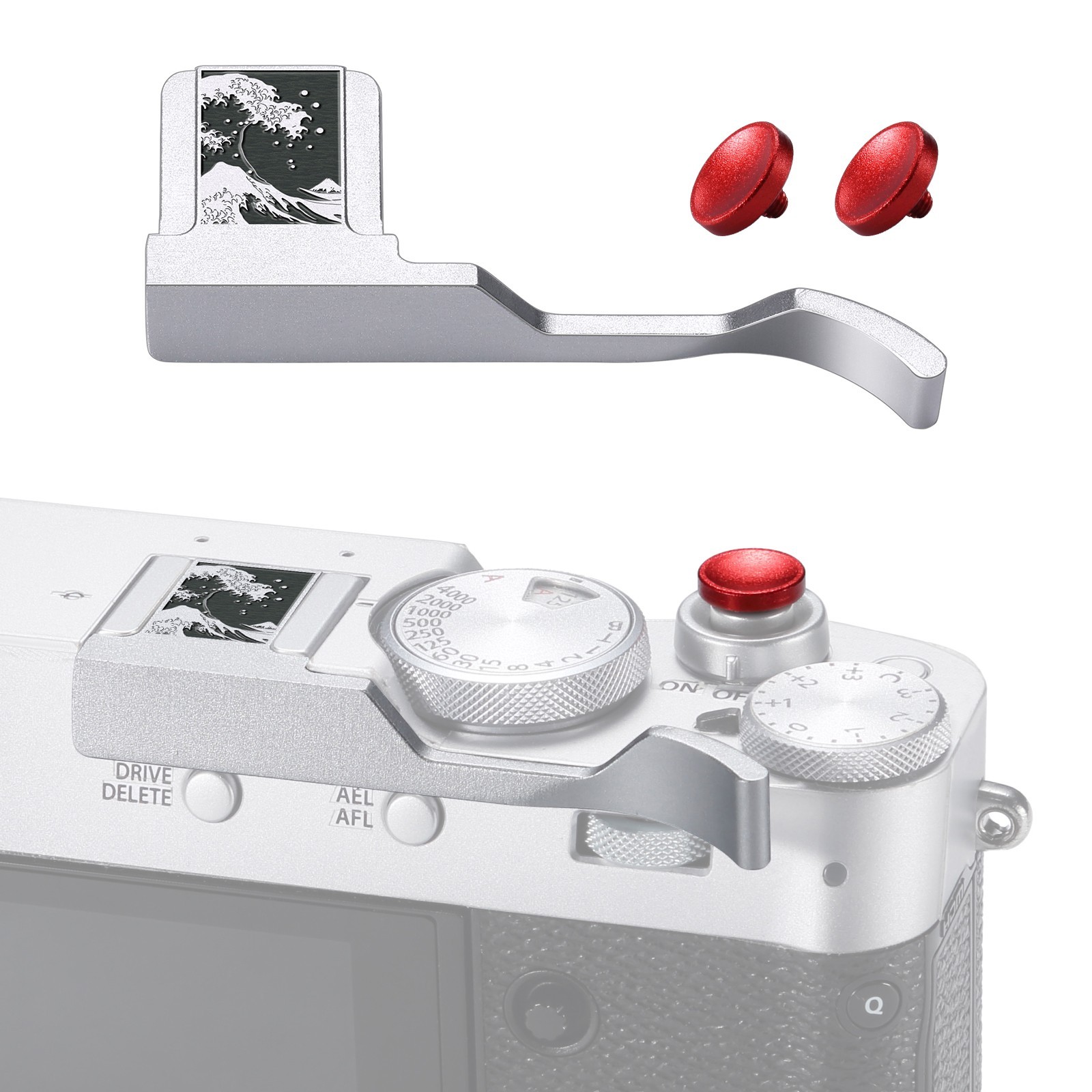 Waves Print Thumb Grip with Hot Shoe Cover Kit for Fujifilm X100V X100VI Silver