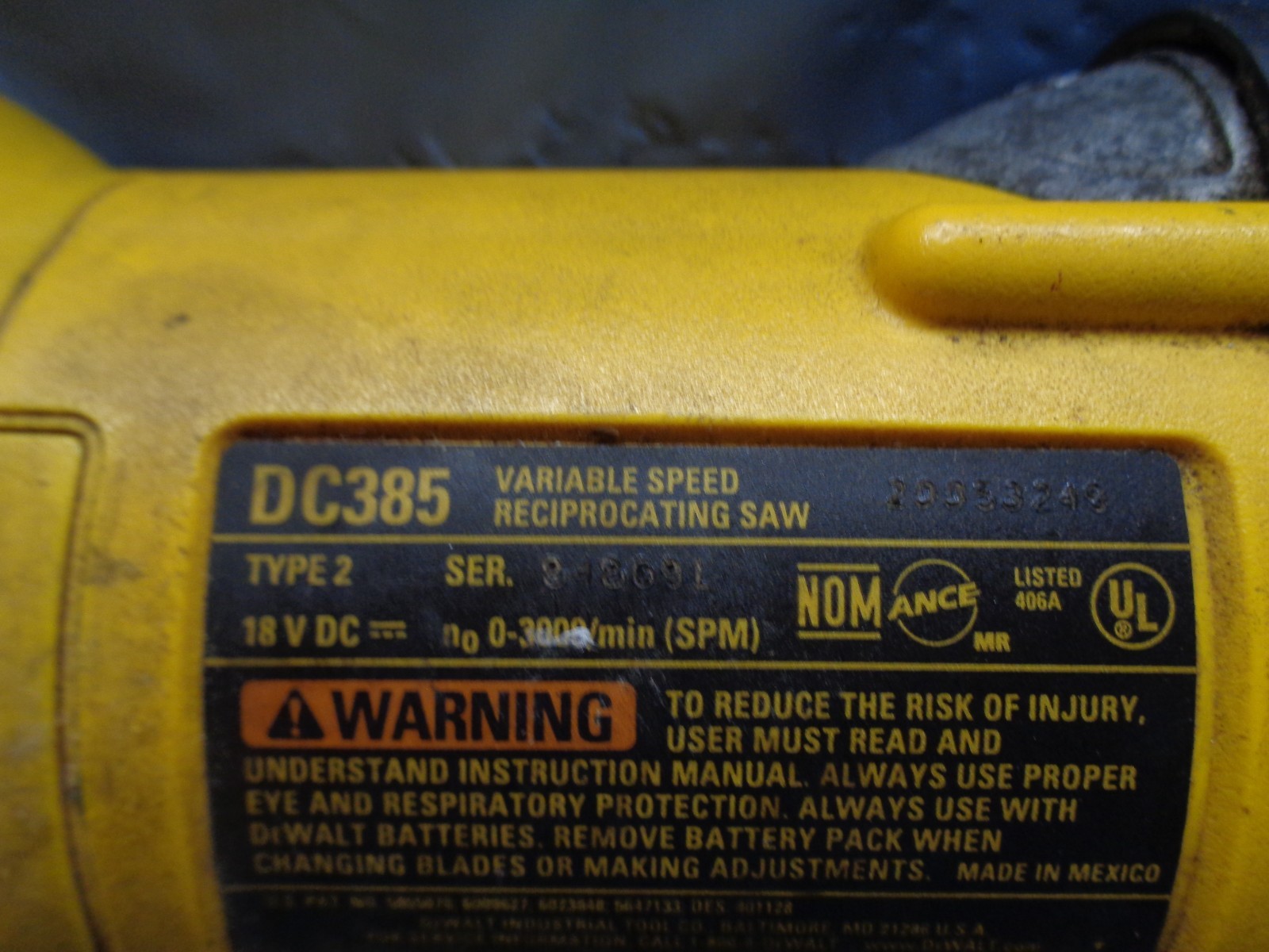 DeWalt DW938 18V Variable Speed Cordless Reciprocating Saw