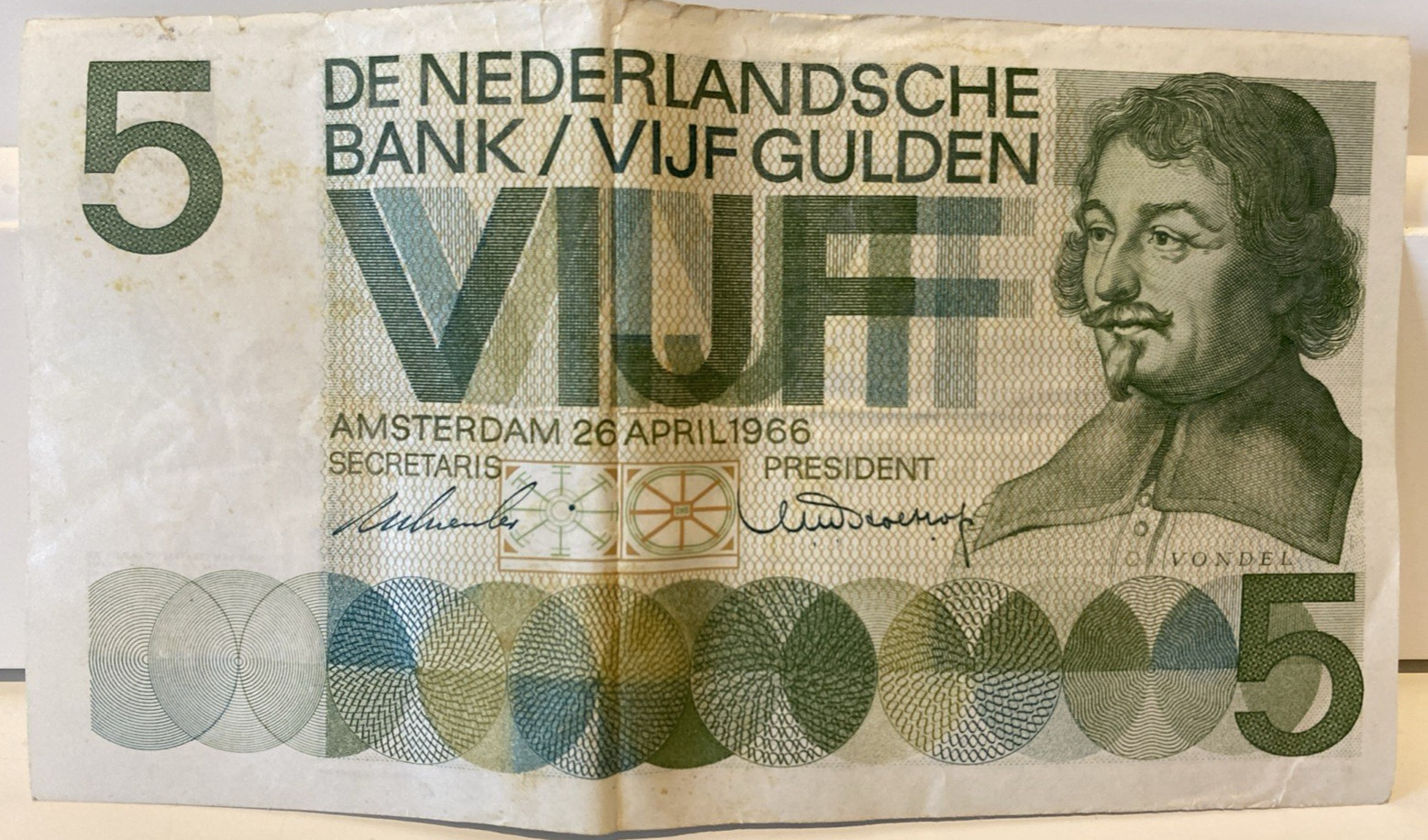 Netherlands 5 Gulden Banknote 26 April 1966 De Nederlandsche Bank Circulated