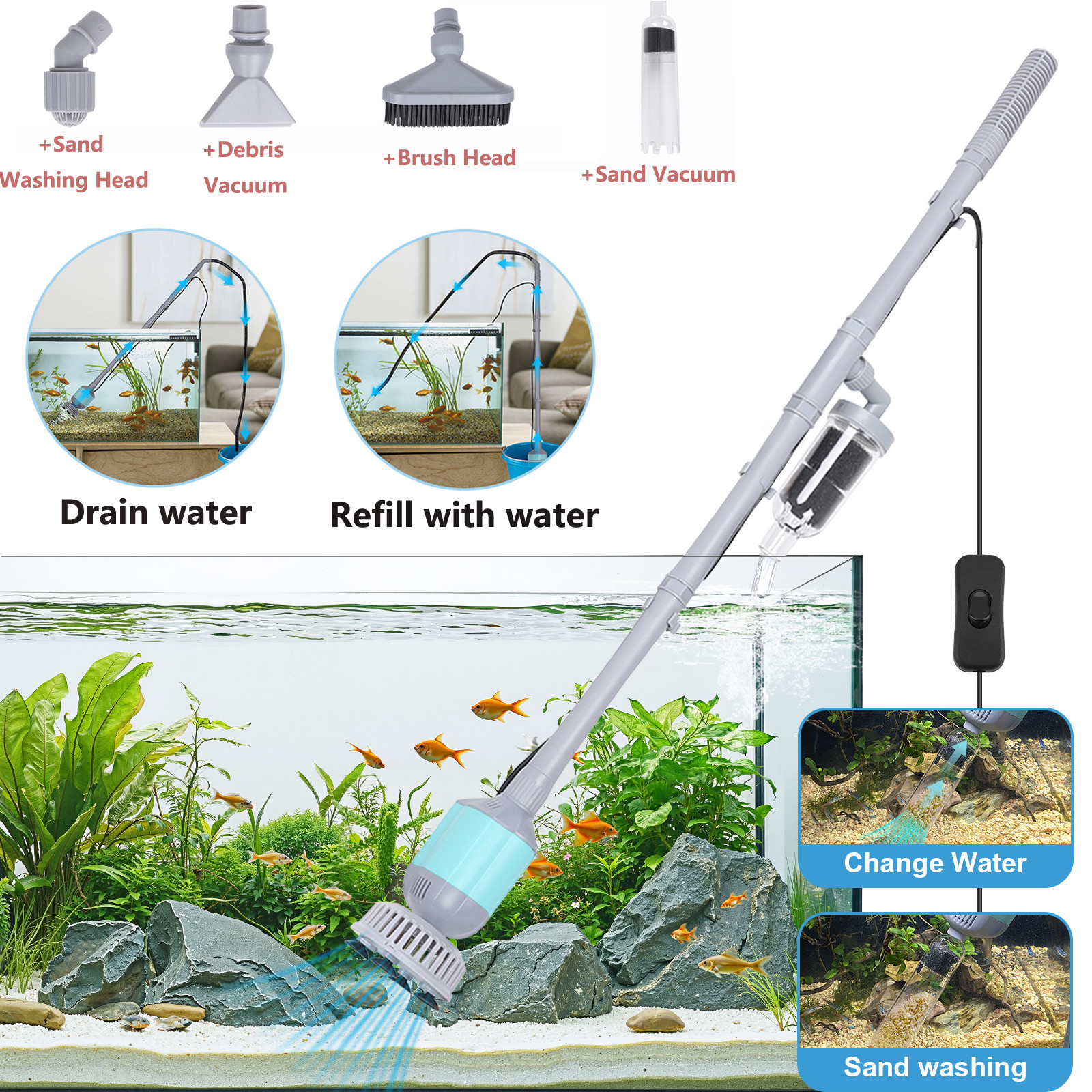 hygger 5in1 Aquarium Gravel Vacuum Siphon Water Changer Adjustable Length 360GPH