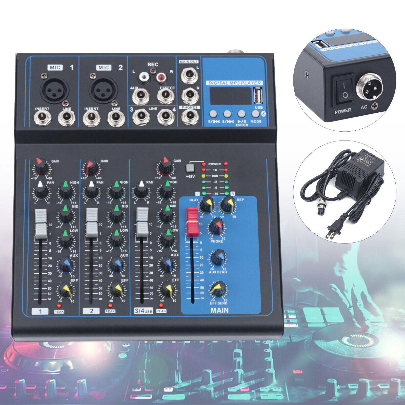 4 Channel Audio Mixer Portable Professional Bluetooth Digital DJ Console NEW