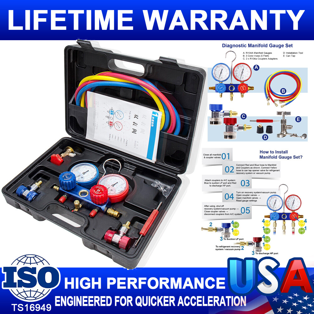 Manifold Gauge A/C Charging Hose Air Conditioner w/ 5FT Hoses Couplers & Adapter