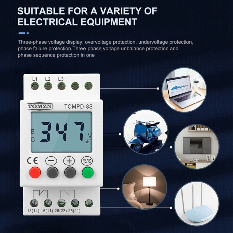 3-Phase DIN Rail Voltage Relay, Adjustable Undervoltage Protection,3696-