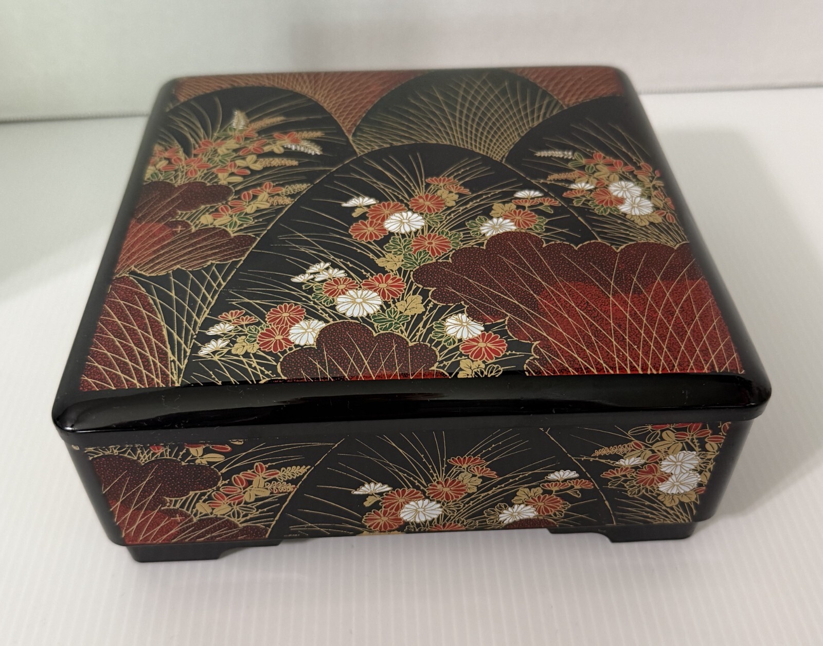 Asian Style Chrysanthemum Black Gold Trim Storage Lidded Container Box Japan