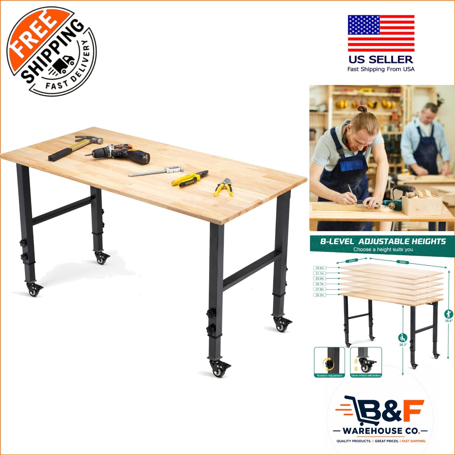 Versatile 48" Adjustable Workbench with 2000lbs Load Capacity & Lockable Casters