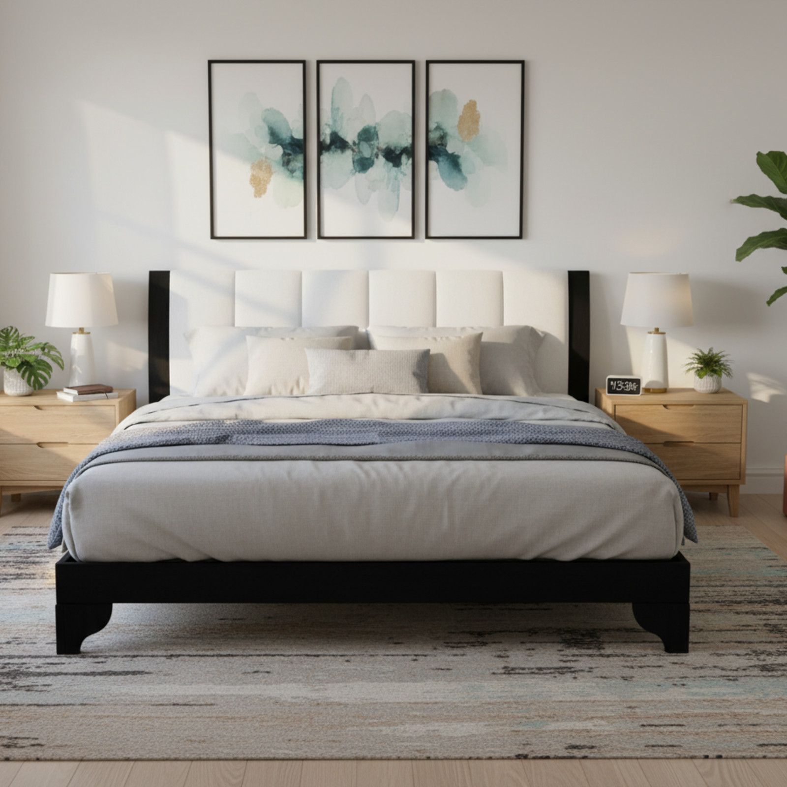 Queen Size Bed Frame Black White Pine Wood 82.7"x69.7" 500 lbs