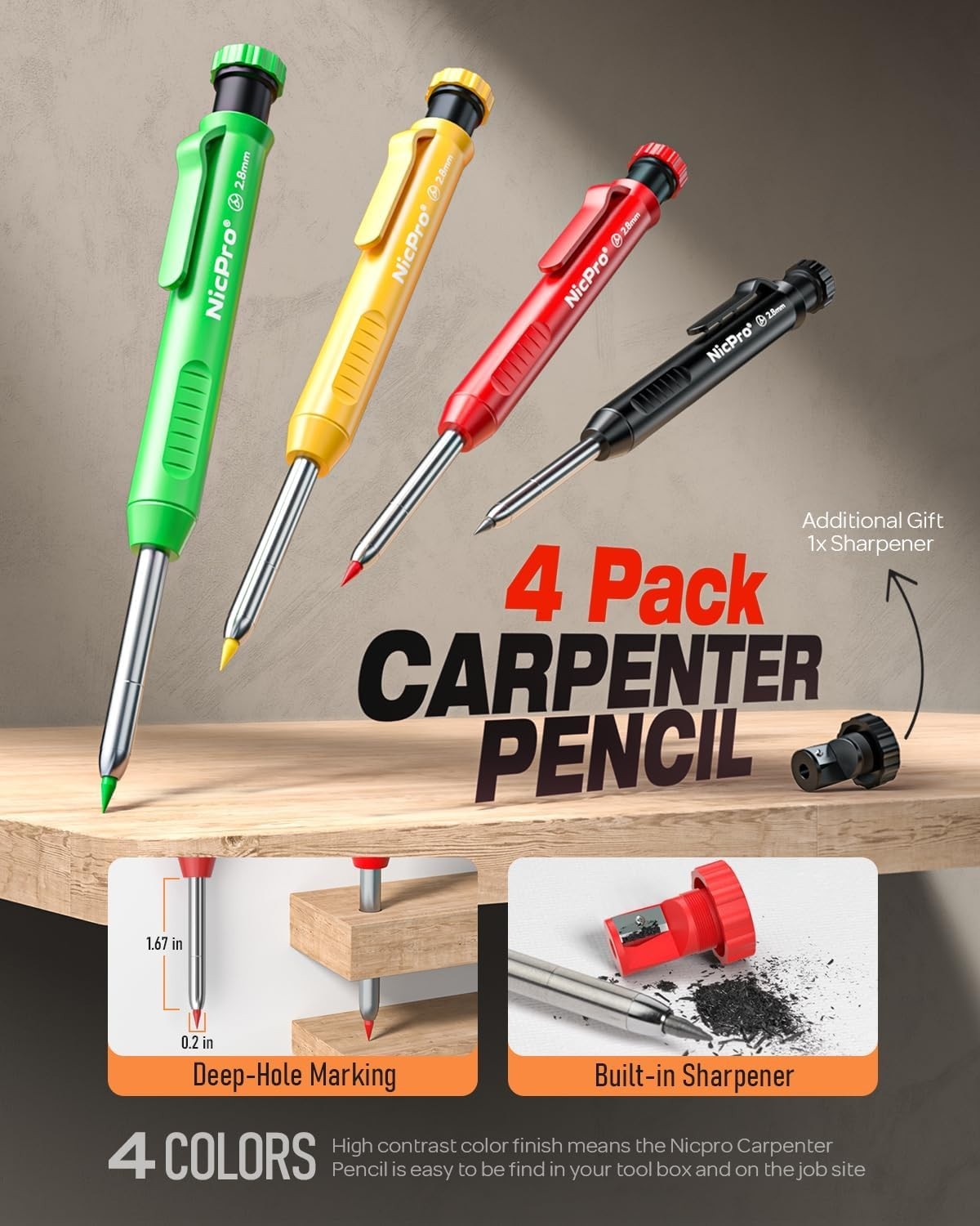 Carpenter Pencils Set with Sharpener 52 Refills Heavy Duty Marking Tools